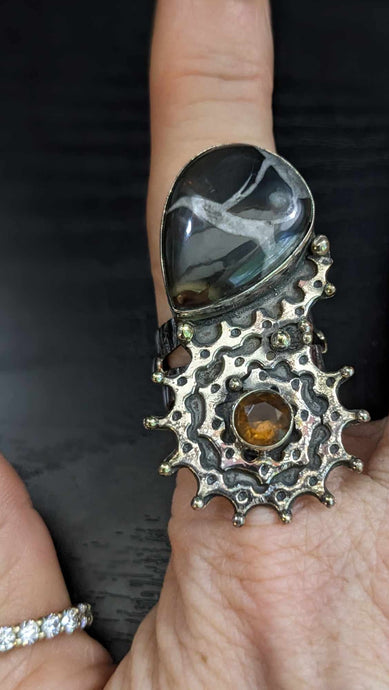 Inuyasha linked Sterling Silver Dragon Septarian & Topaz Ring Offerings